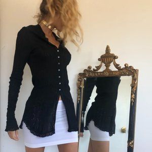 John Galliano Lace Collar Button Down Black Dress S/M